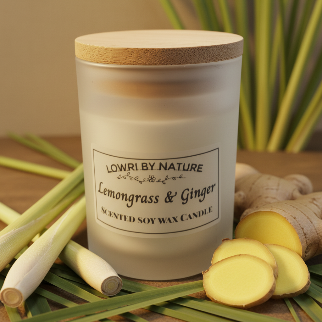 Candle with a wooden lid on a textured fabric background