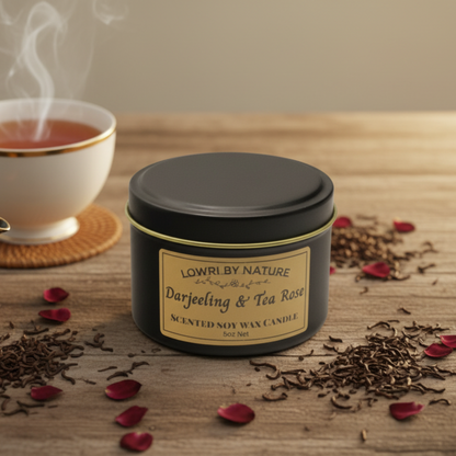 Scented candle labeled 'Darjeeling & Tea Rose' by Lowry by Nature on a wooden surface with red roses and petals.